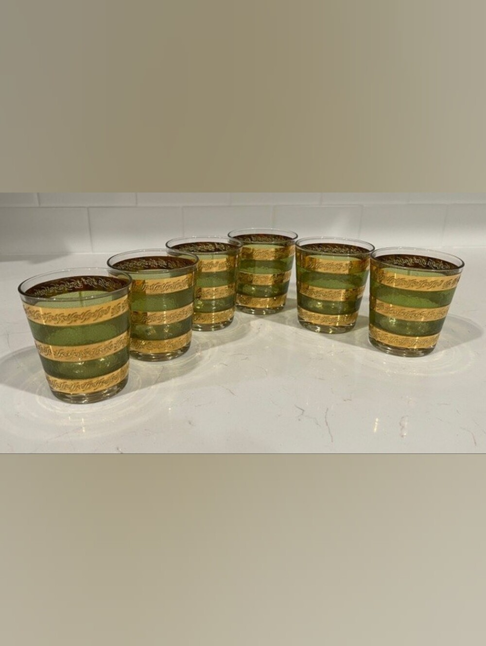 Vintage MCM Culver Starlyte Green & Gold Old Fashioned Glassware - Set of 6 EUC